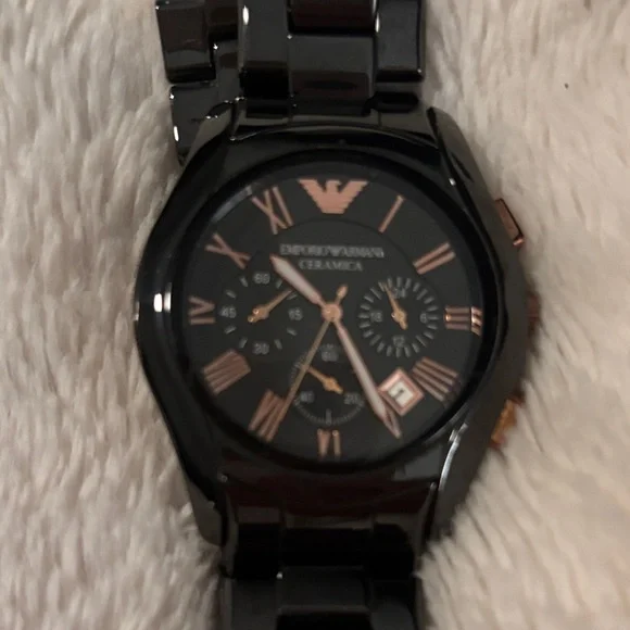 Emporio Armani AR1410 Ceramica Men’s Analog Black and Rose Gold Versatile Watch - Picture 1 of 16